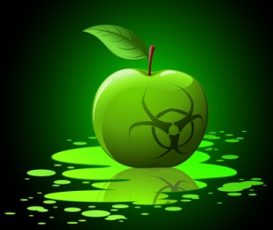 Green toxic apple with biohazard sing